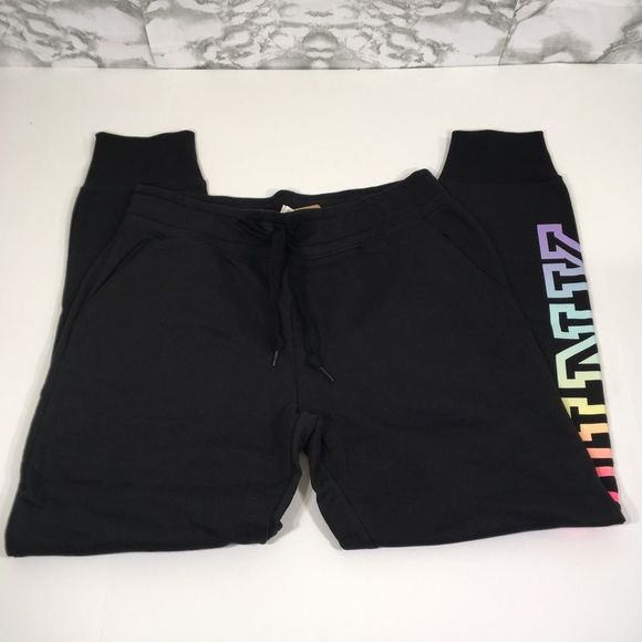 NWT VS PINK EVERYDAY LOUNGE SKINNY JOGGER SWEATPANTS BLACK/RAINBOW LOGO PRINT - Picture 11 of 14
